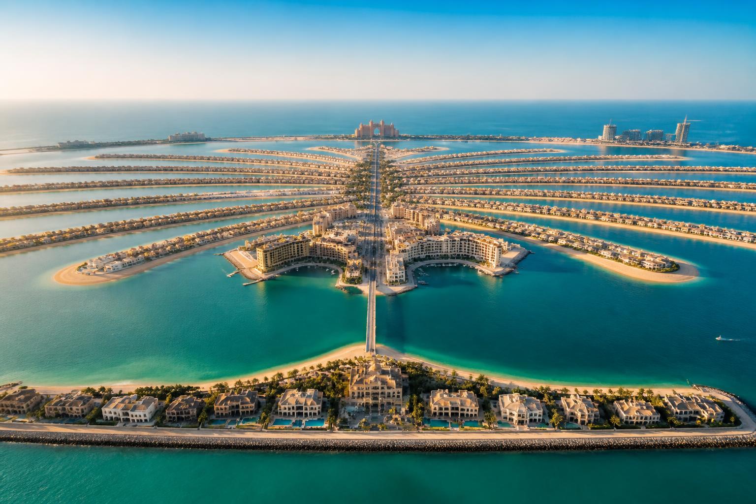 Sunny aerial view of Palm Jumeirah in Dubai